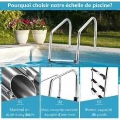 COSTWAY Échelle De Piscine à 3 Niveaux 147cm En Acier Inoxydable Avec Marches Antidérapantes Et Mains Courantes Confortables -Sécurité et protection de la piscine Soldes 34634899 3